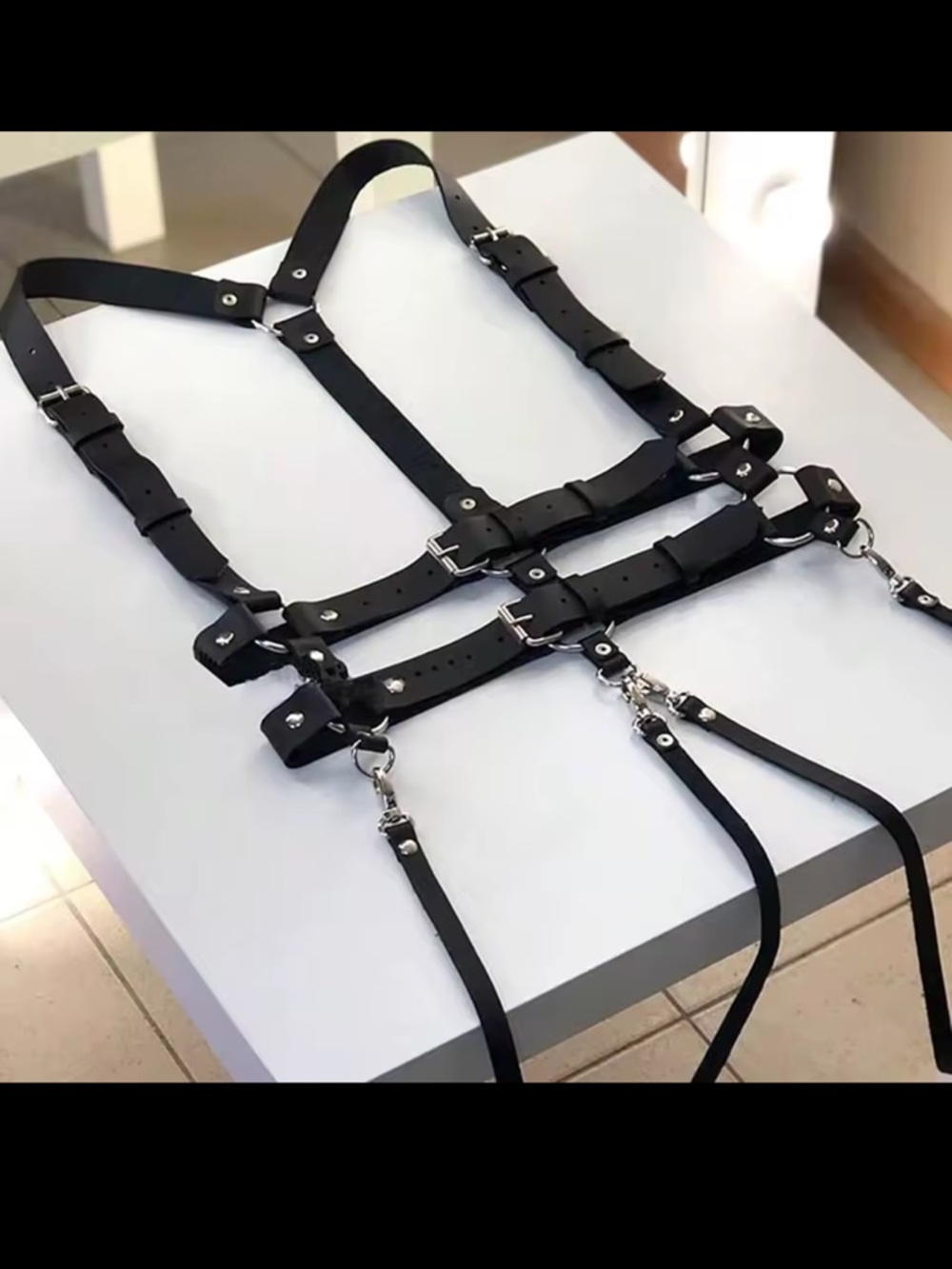 Black Leather Double Harness Suspender Belt with Metal Buckles New - Picture 4 of 8
